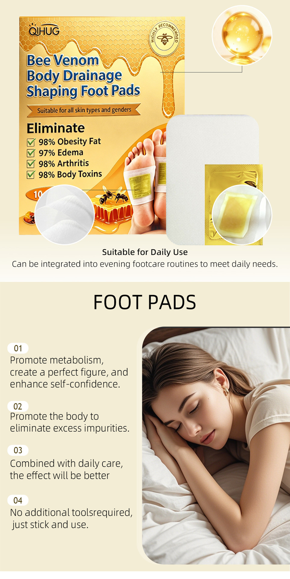 Honey Foot Patches with Wu Zhu Yu and Fu Ling 30 Pieces Herbal Foot Care specifications