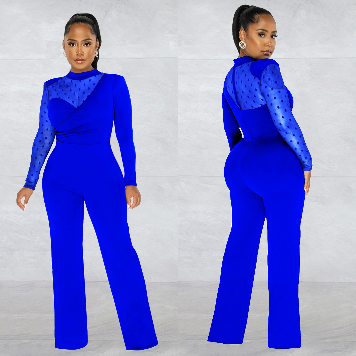 Women's Clothing fashion women's polka dot mesh see-through long-sleeved trousers solid color jumpsuit_voghion.com