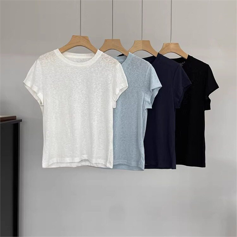 New Color~French Ir Classic French-Style Right-Shoulder Knit Linen T-Shirt with Short Sleeves, Breathable, Sweat-Wicking, and Uv Protection