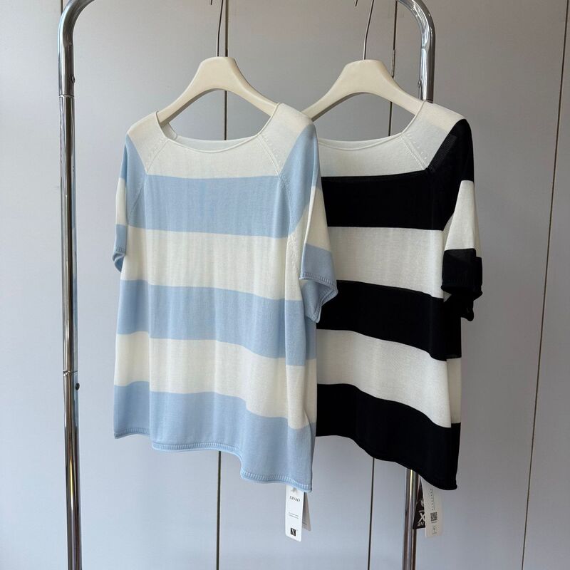 Rolled-Edge Craftsmanship, Mulberry Silk + Lyocell! Square-Neck Cool and Comfortable Color-Blocked Striped Loose Knit Top for Women, New for Summer