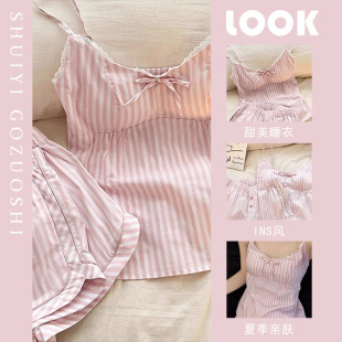 Sweet Girl Striped Bow Pajamas suit Women's Summer Chest Pad Sling Pink Top Shorts Home Clothes