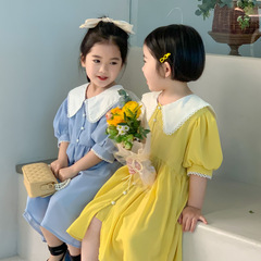 歐韓2023夏季新款拼接娃娃領雪紡連衣裙泡泡袖小女孩公主裙跨境