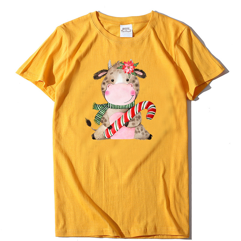 Cross-border Christmas Cute Niuniu Handheld Candy Cane Printed Casual Round Neck T-shirt Multicolor Fashion Short Sleeve