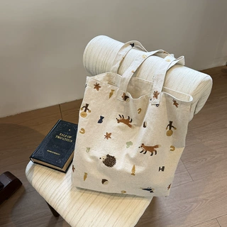 跨境刺绣棉麻单肩包帆布托特包大容量小众通勤包休闲百搭单肩包