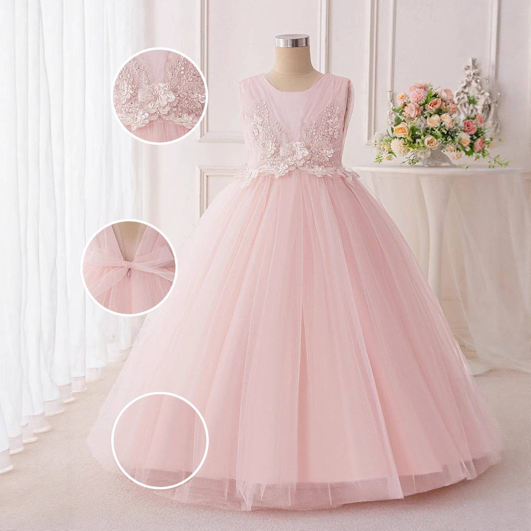 Nuevo vestido de noche para niños de cintura alta vestido bordado sin mangas V-collar vestido de desfile vestido de niños