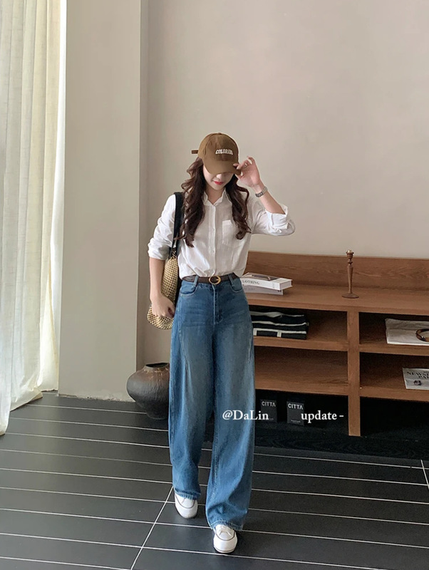 工厂直销2025韩版秋季新款牛仔裤女窄版弯刀裤宽松显腿长休闲女裤|undefined