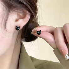 S925银针甜酷黑色猫咪造型耳钉简约小巧耳环ins风迷你耳饰品6337
