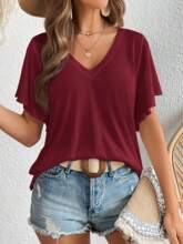 Z 47217 V-neck ruffled casual T-shirt V���Ҷ������T��