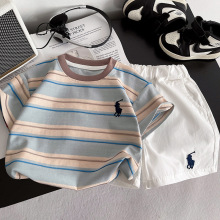 男童夏装套装2026新款儿童短袖条纹夏季韩版宽松薄款衣服男孩痞帅