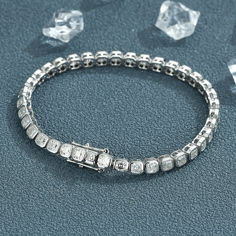 Mosang Diamond Asche Bracelet Women's Simple S925 Silver Light Luxury High-end Full of Diamond Trendy Niche Square Diamond Tennis Chain