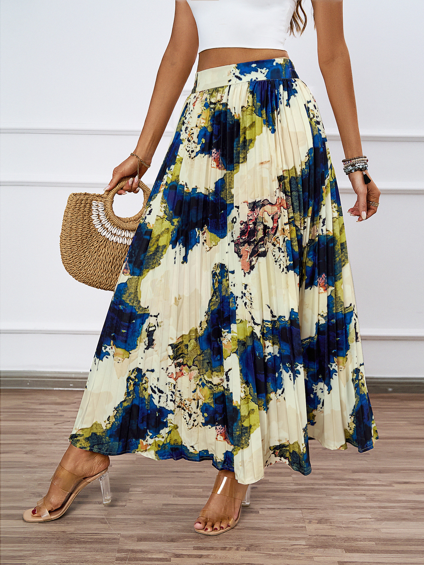 320g Weight Maxi Long Dress Dress Length Type Pleated Skirt Dresses Type Polyester Fabric Type Mid Waist Waist Line Inelastic Elasticity Holiday, Daily Occasion Regular Fit Fit Type Oil Painting Pattern Summer Season Women's Gender Casual Style Summer Casual Oil Painting Polyester Maxi Long Dress Skirts 10