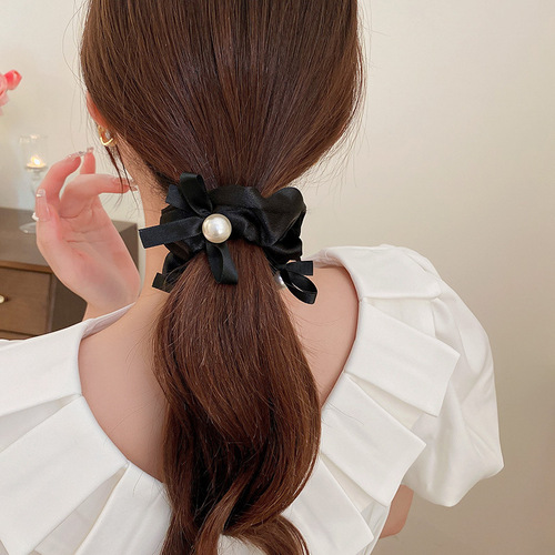 Japanese and Korean ins style geometric pleated pearl bow large intestine hair tie simple fashionable commuting temperament versatile hair accessories