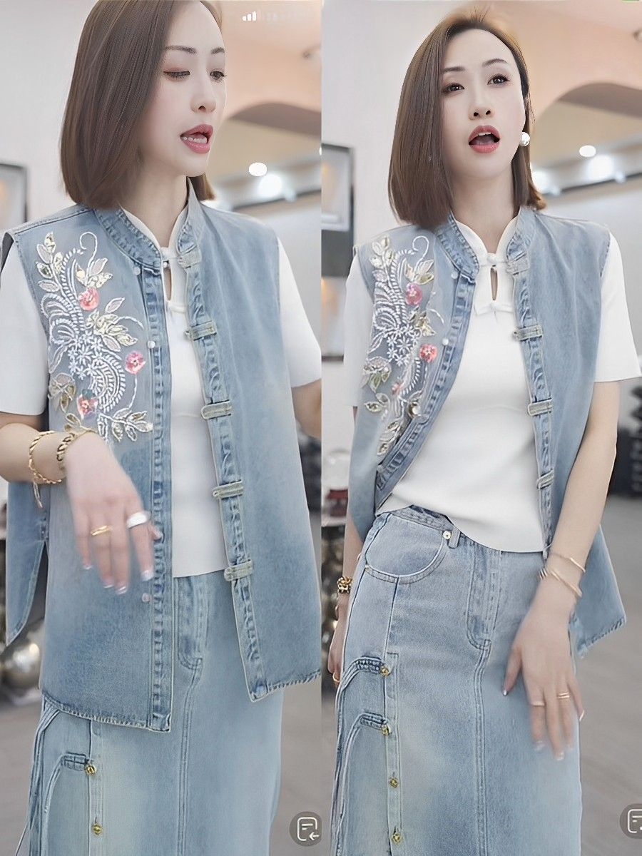 Summer Heavy Embroidery Large Size Denim Vest Women's Casual Outerwear Stand Collar Waistcoat Chinese Style Button Vest
