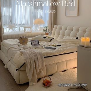 2025 new marshmallow fabric bed girls bedroom cream wind double 1.8x 2 m master bedroom double puff bed