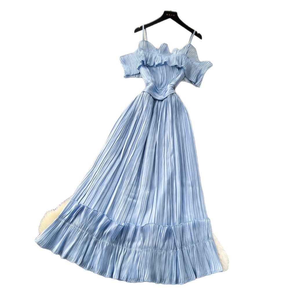 French Style Off-Shoulder Spaghetti Strap Dress Korean Waist Cinching Summer Elegant Long Dress for Vacation_ecoleips.com