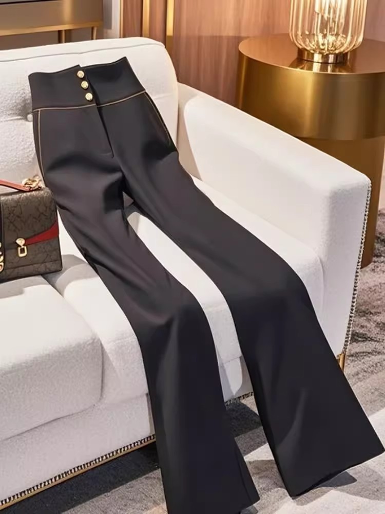 Black Women's High-waisted Straight Leg Trousers Flared Design_voghion.com