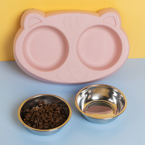 Cross-border big-eyed cute cat stainless steel cat double bowl thickened plastic cat supplies cat food bowl cat food bowl wholesale
