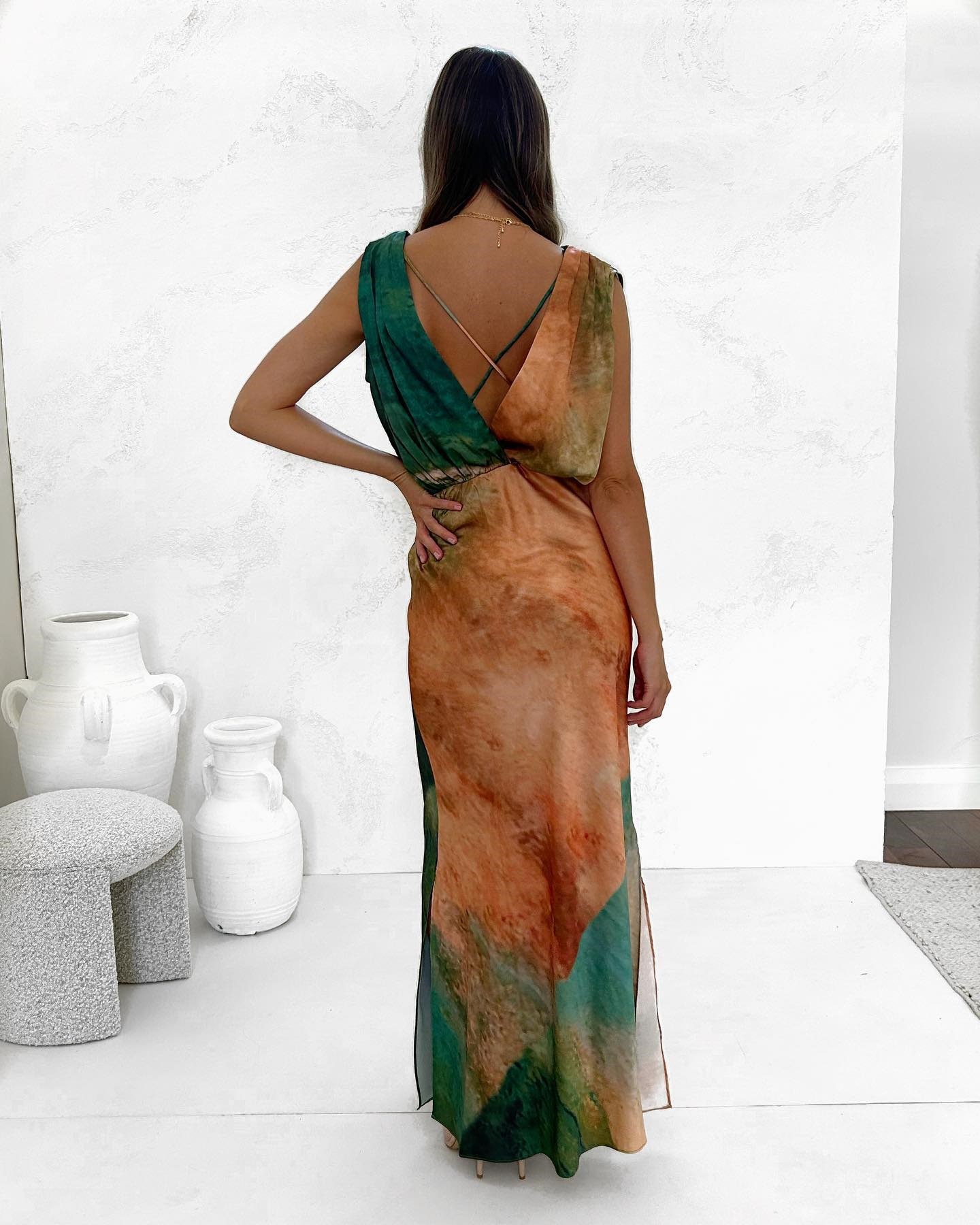 Women's A-line Skirt Fashion V Neck Backless Sleeveless Tie Dye Maxi Long Dress Daily display picture 2