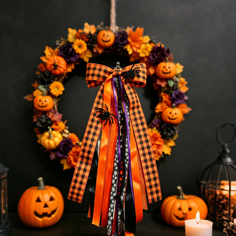 Cross-border Halloween Decorative Ribbon Bow Garland Autumn Clip-on Garland Set for Front Door, Courtyard, and Porch Decoration