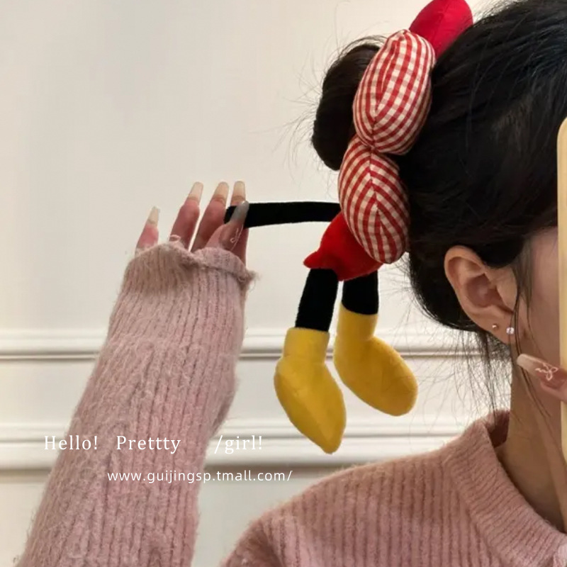 붉은 체크무늬-미키 머리끈