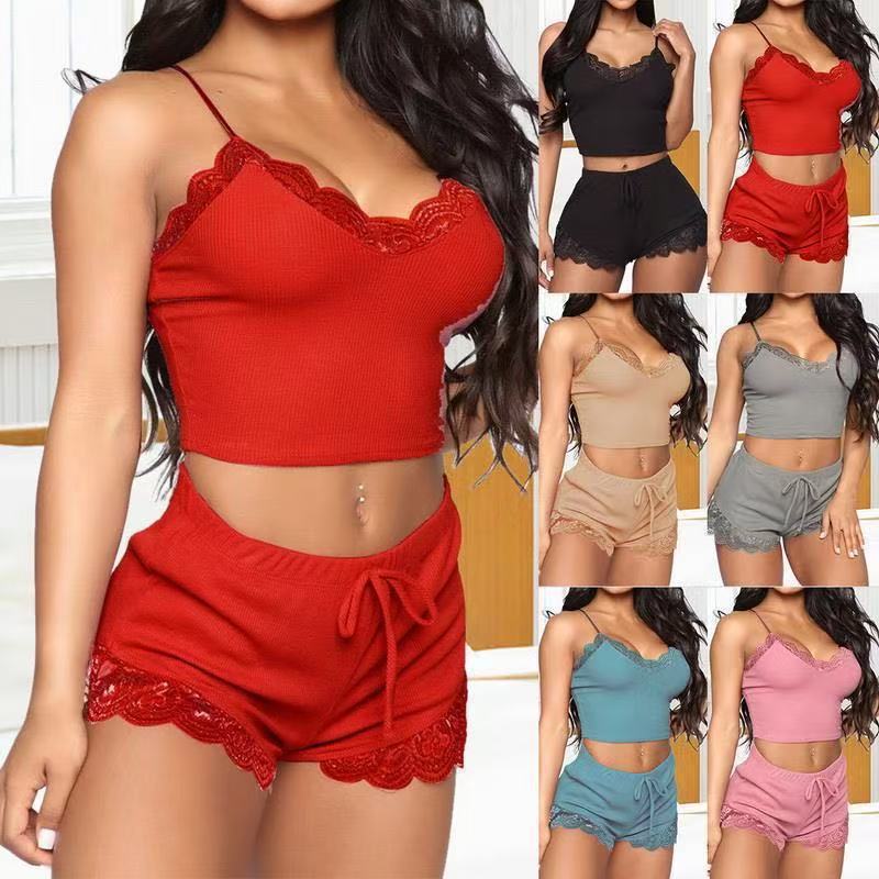 .New European and American Fashion Trendy Sexy Suit, Lace Sexy Intimates, Pajamas, Women's Pure Color Two-Piece Set