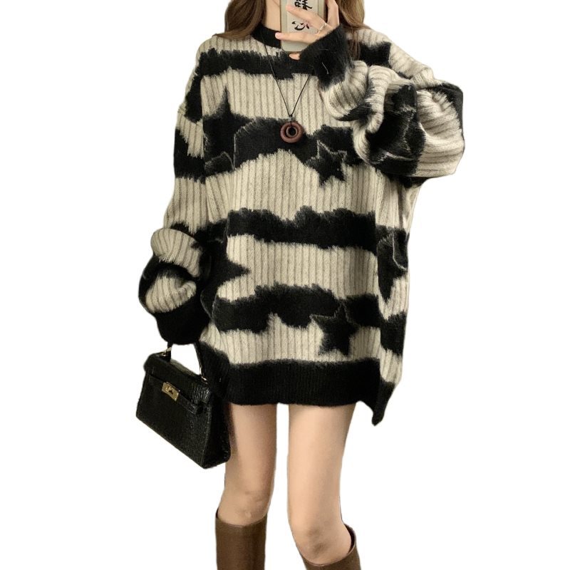 느슨한 게으른 스타일 아우터 스웨터 여성 가을과 겨울 플러스 사이즈 통통 자매 슬리밍 중간 길이의 얼룩말 스웨터 탑