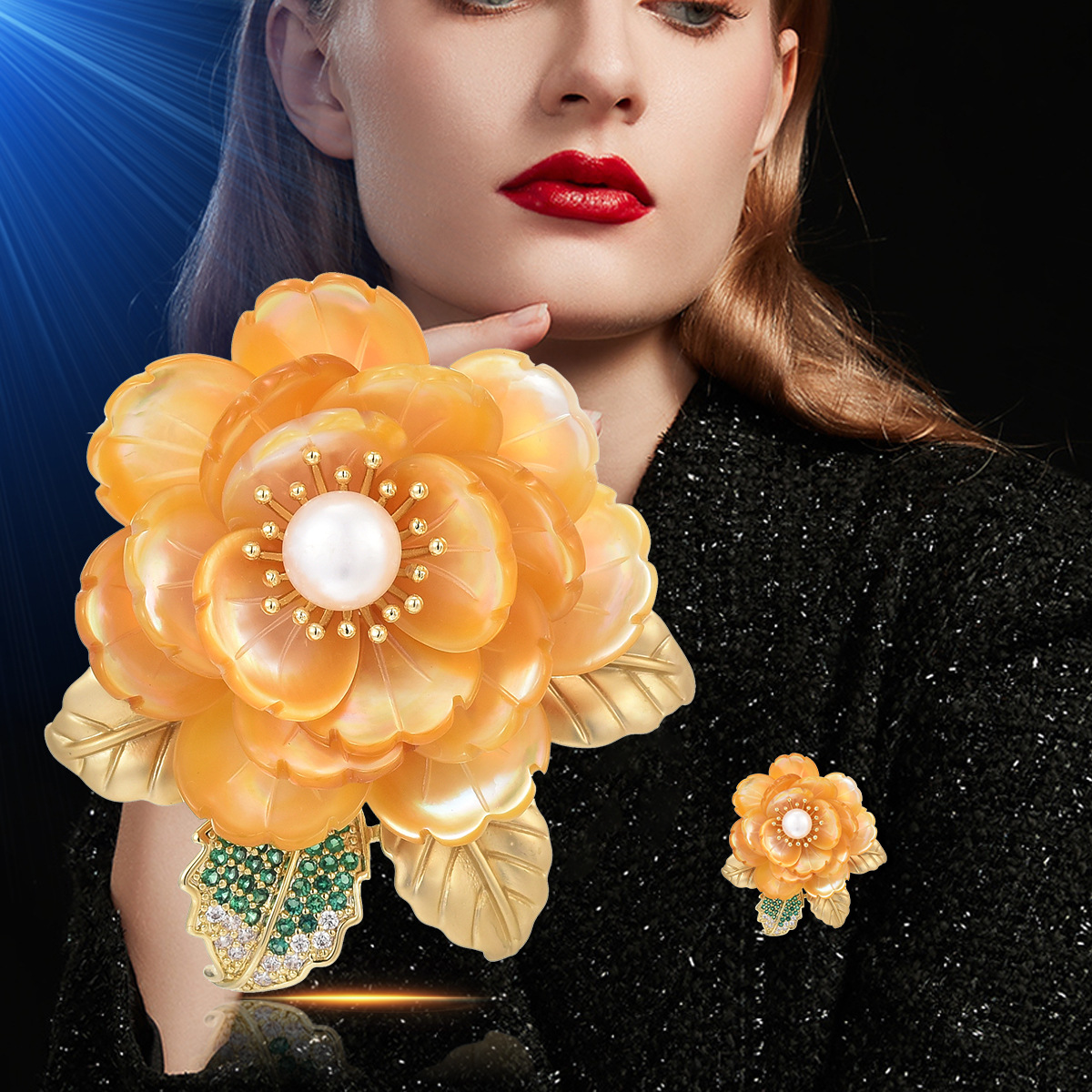 Broche de lujo con perla de agua dulce y flor de camelia_voghion.com