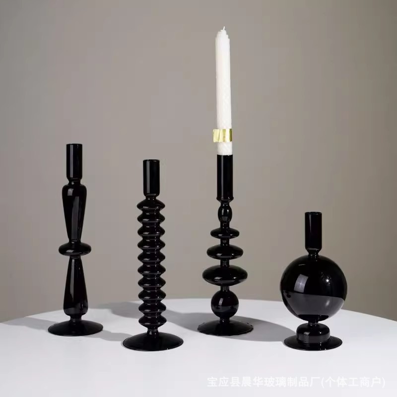 黒いガラスのキャンドルホルダー装飾品、軽い豪華さとハイエンドのキャンドルホルダー、横型ベッドサイドのガラスの花瓶、装飾的なキャンドルライトの小道具|undefined