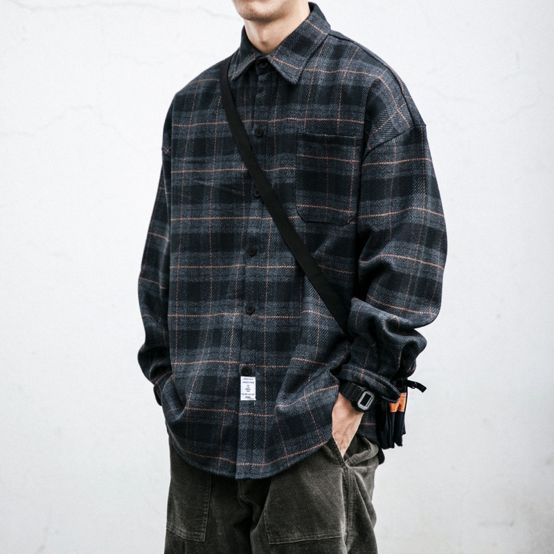 Japanese Style Retro Sanding Plaid Long-sleeved Shirt Men's Spring and Autumn Fashion Brand Loose Wool Shirt Casual Overalls