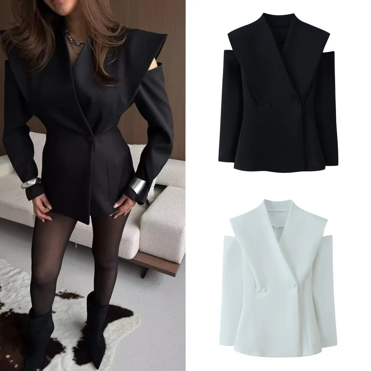 Autumn European and American Foreign Trade Women's Clothing Aliexpress Ins Cross-Border Hot-Selling Two-Color Long-Sleeve Designer Slim-Fit Blazer