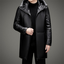 海宁男式真皮羽绒服冬季新款白鸭绒时尚中长款中年休闲保暖套上衣