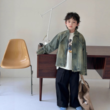 2025秋季新款韩版儿童重工拉链牛仔外套男童痞帅复古做旧潮酷夹克