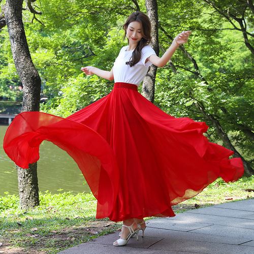 720-degree double-layer red chiffon half-body dance skirt, dance dress, long skirt for square dance, performance stage costume