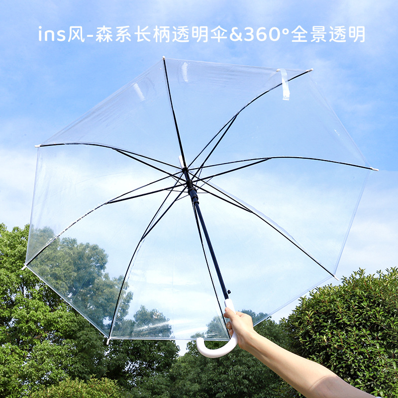 新款简约透明长柄伞半自动雨伞ins风男女网红拍照雨伞透明小白伞