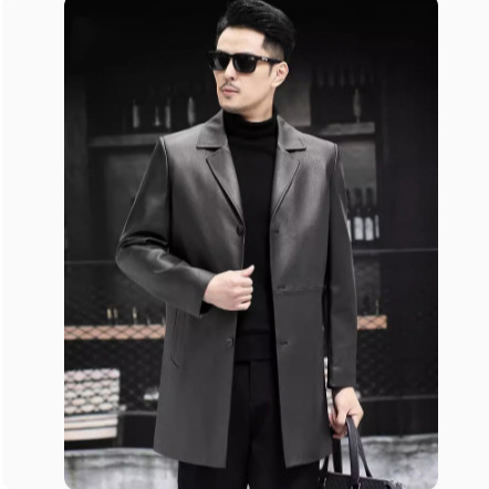 海宁皮衣男头层牛皮西装领中长款修身加厚皮风衣秋冬外套商务绅士