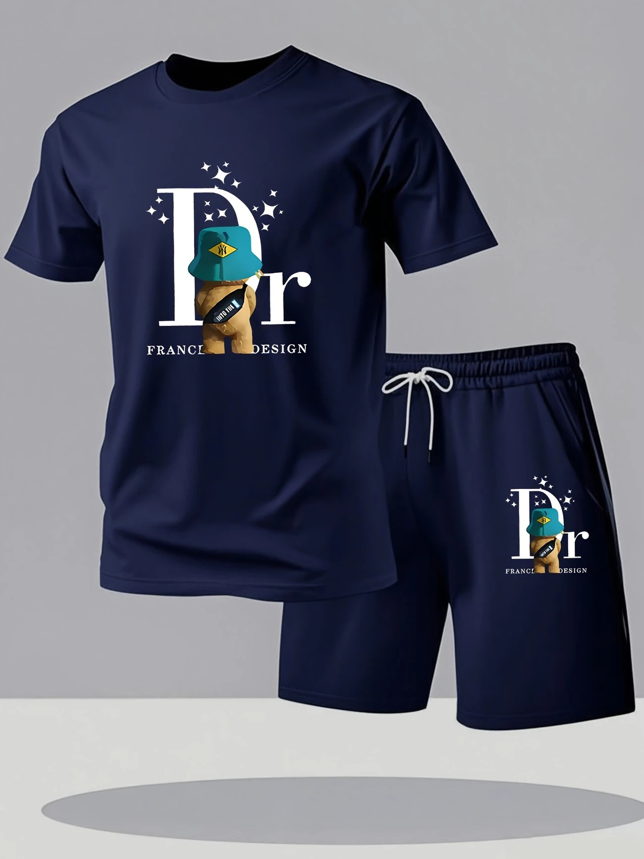 Men's Casual Fashion Set T-Shirt Short Sleeved Shirt Shorts Plant Mesh Two Piece Trendy Simple Clothing_viptrois.com