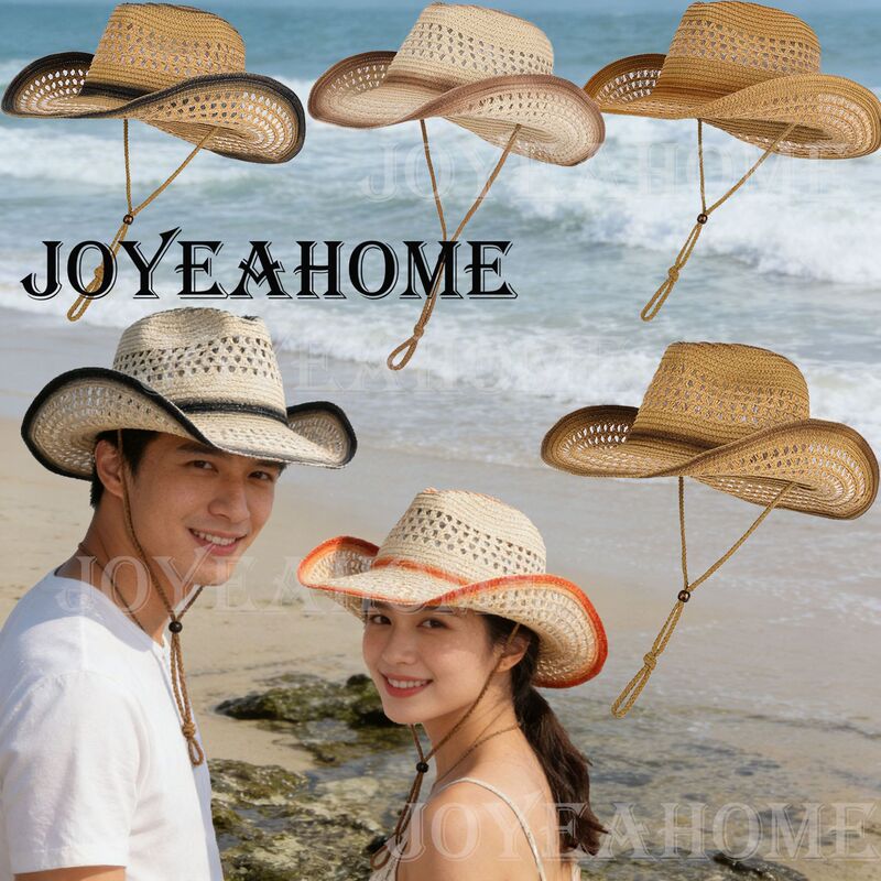 Cross-Border Popular Hollow-Out Straw Cowboy Hat, Western Cowboy Hat, Gradient Straw Hat, Windproof Rope, Breathable, Beach Sun Protection