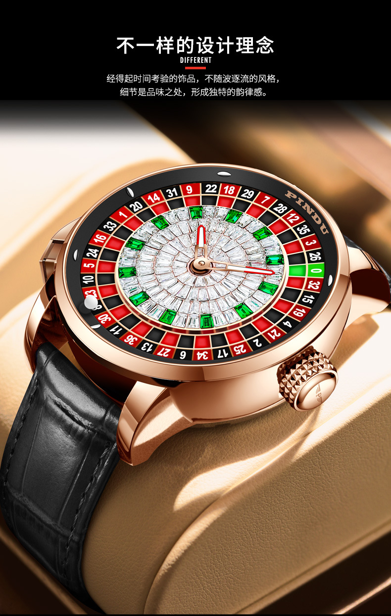 Đồng hồ nam cơ khí tự động mặt số kim cương, lộ máy kiểu roulette — Vỏ hoa hồng, da đen., Da màu xanh vỏ hoa hồng, Vỏ hoa hồng, vỏ xanh., Thắt lưng lưới vỏ hoa hồng chi tiết 8