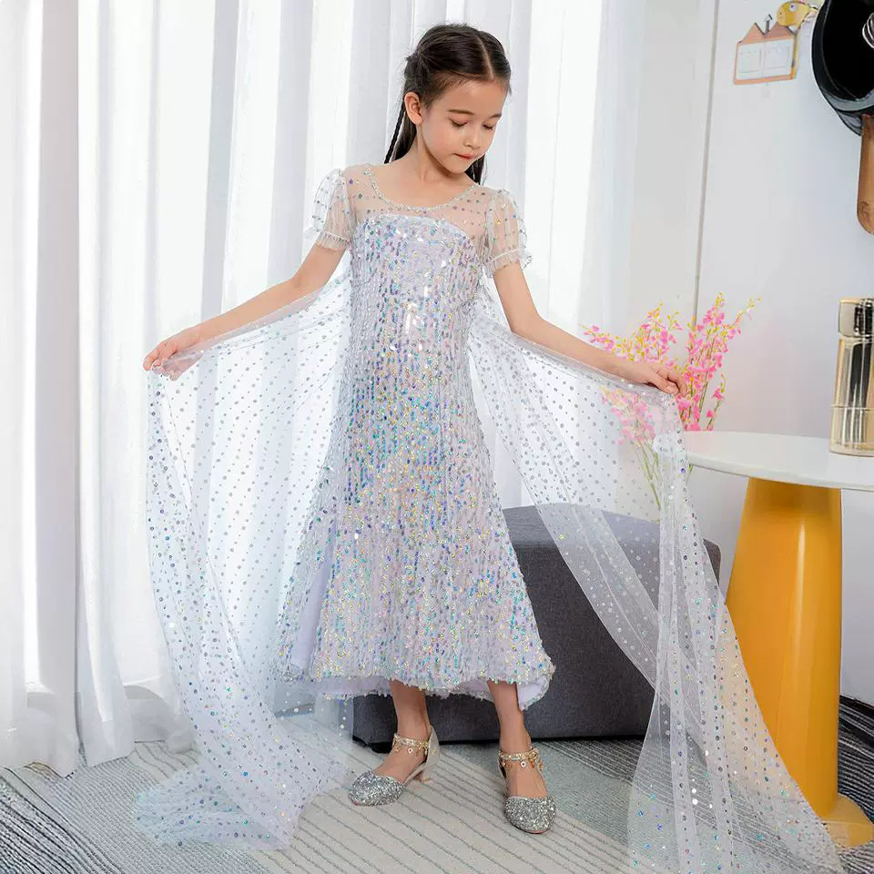 Sequins Detachable Trailing Frozen 2 Elsa Dress Princess Dress Performance Clothes Children Girl Dress Dress