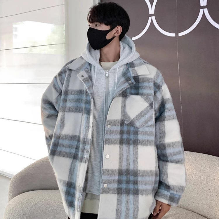 Abrigo a cuadros de dos piezas falso americano de otoño e invierno para hombre nuevo abrigo de algodón con capucha de lana retro grueso y cálido de marea nacional