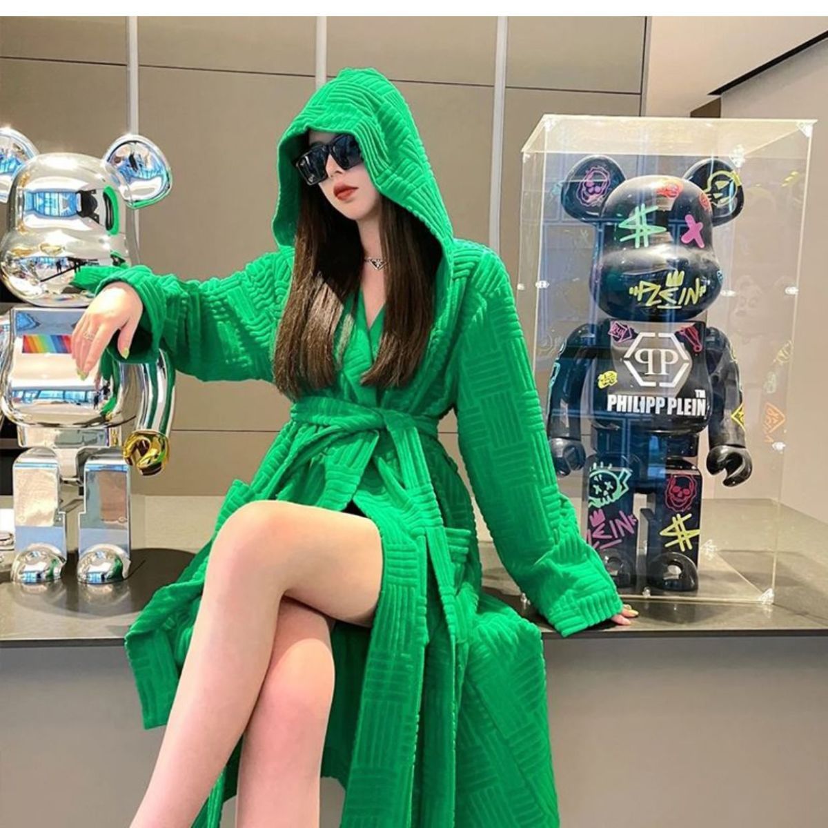 新款浴袍绿色女中长款睡袍连帽潮明星纯棉毛巾料个性家居服厂批发