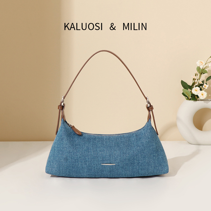 Cross-border foreign single European and American fashion retro western retro style color contrast stitching Denim underarm bag shoulder bag dumpling bag