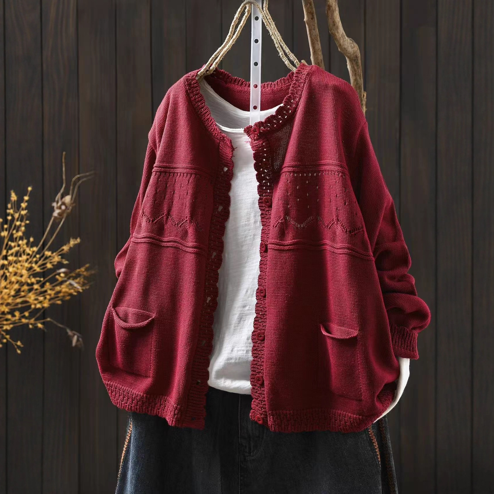 Autumn New Cotton Cardigan Jacket with Lace, Double Pockets, Artistic Casual, Age-Reducing Outerwear 2570