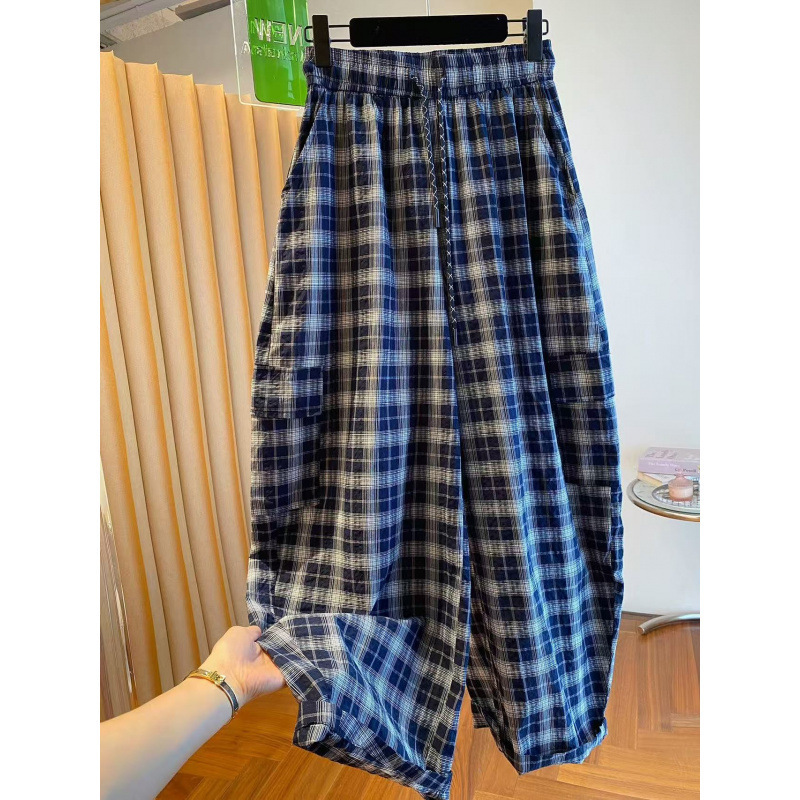 复古慵懒风格子裤女2025新款宽松休闲显瘦遮垮阔腿裤弯刀裤香蕉裤|undefined