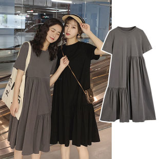 Maternity Wear Summer Dress Summer Loose Short-Sleeved Skirt Asymmetrical Mid-Length Trendy Mom Maternity Dress Summer Skirt
