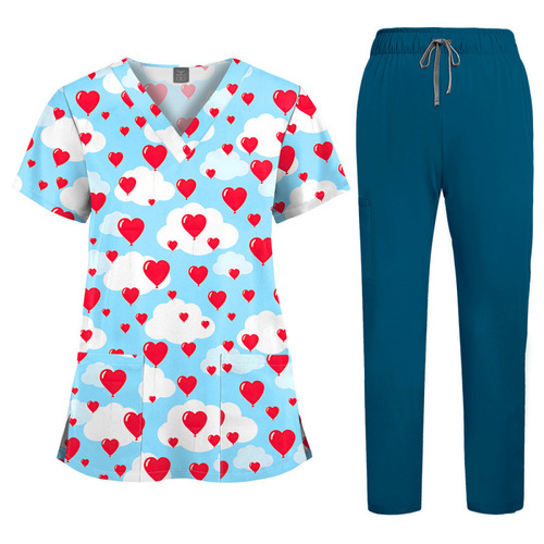 AliExpress Amazon V-neck cartoon printed work clothes, nursing clothes, professional suits, solid color straight pants