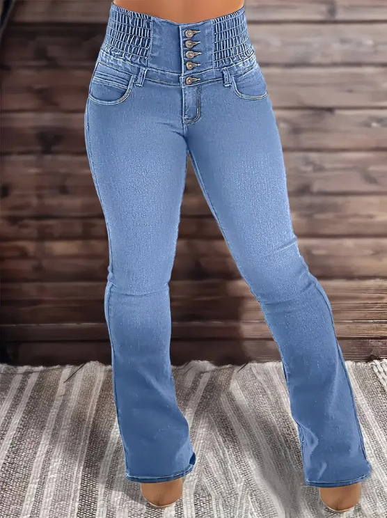 Jeans Acampanados de Tiro Alto para Mujer de Mezclilla de Algodón y Poliéster, Elásticos, para Uso Casual image 9