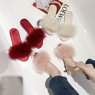 2025 K-Style of the Summer New Flats-Soled Furry Slippers for Women, Fashionable Internet Celebrity Low-Heeled Sandals, Feather Slippers