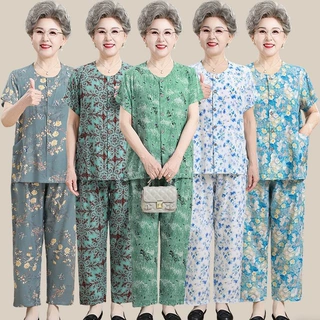 中老年人夏装女棉绸套装奶奶短袖两件套太太宽松妈妈薄款老人衣服