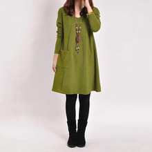 跨境女装连衣裙2023秋冬长袖口袋纯色O领休闲宽松连衣裙女背心